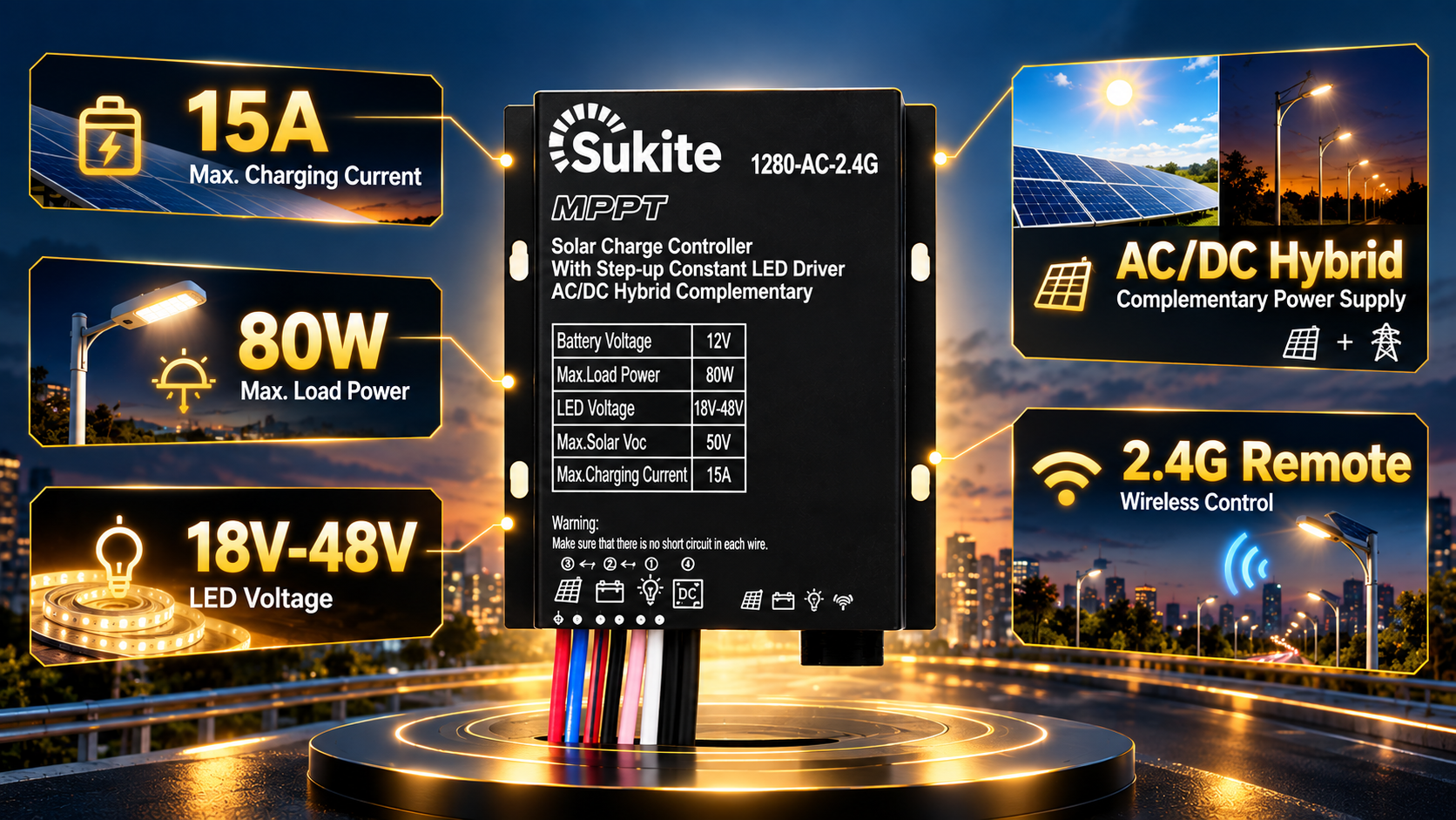 Sukite 1280-AC-2.4G MPPT Solar Charge Controller: AC/DC Hybrid Complementary Design for Uninterrupted Off-Grid Lighting