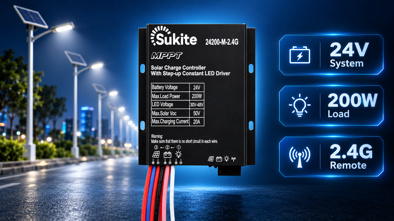 Sukite 24200-M-2.4G MPPT Solar Charge Controller: 24V System with 200W High Power for Medium-Power Off-Grid Lighting